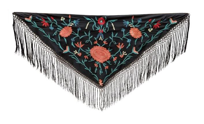 Little Black Shawl Embroidered in Colours Salmon Flower